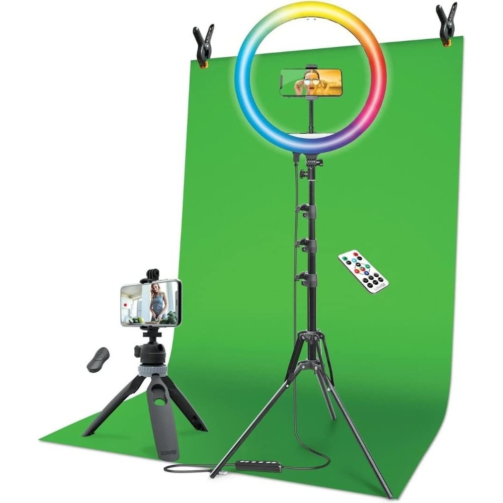 Bower Content Creator Studio Kit 16" RGB Ring Light, Tripod, Green Screen, Remo…